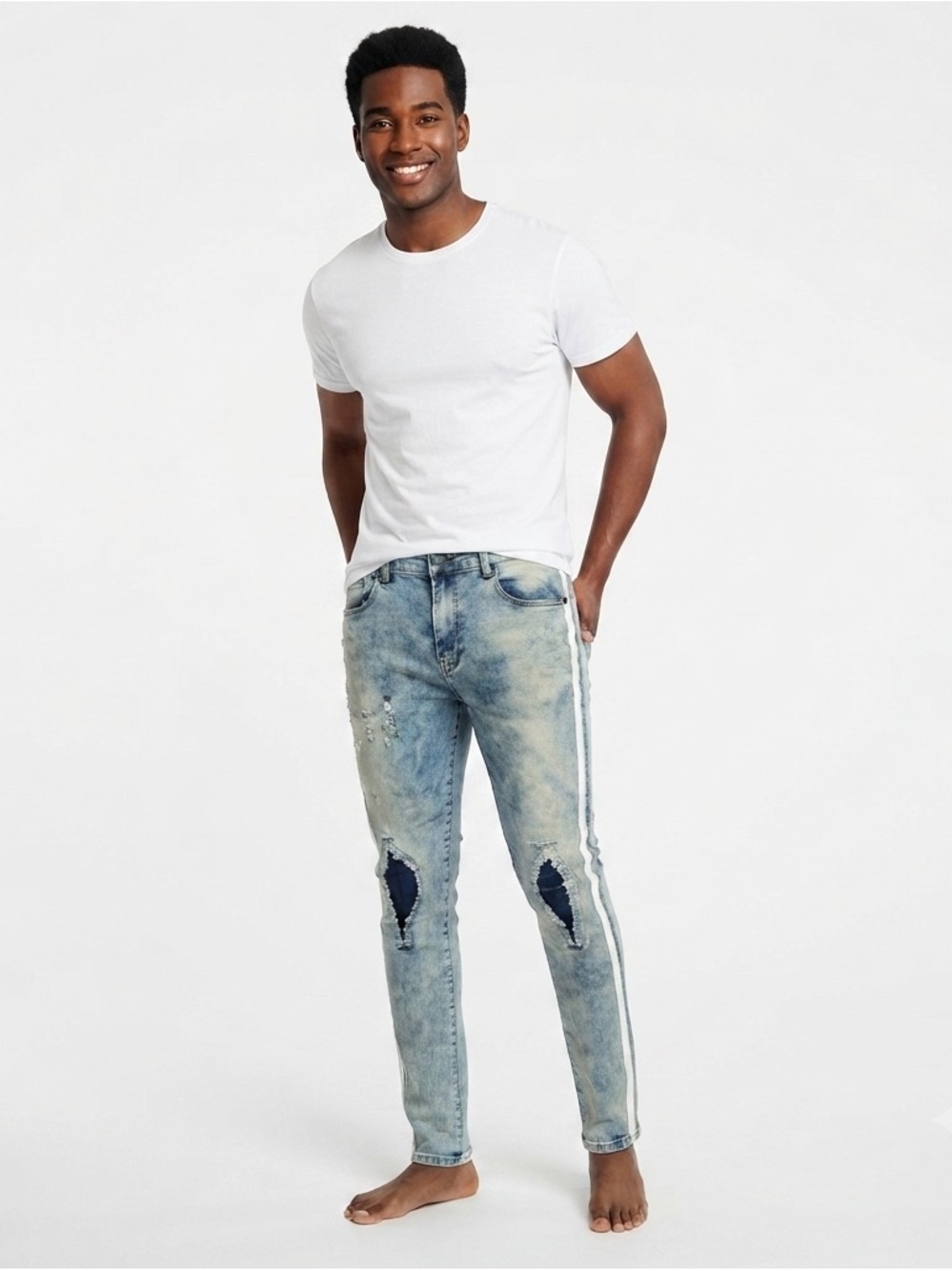 M. Society Politically Incorrect Light Wash Distressed Stripe Skinny Jeans 36x30
